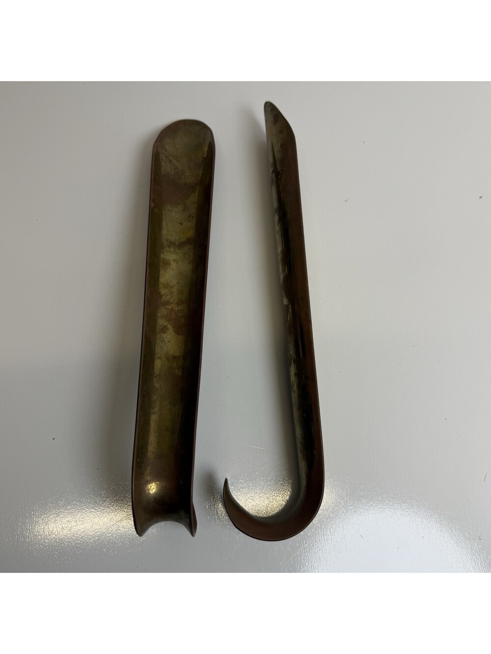 2 Vintage Solid Brass Curved Handle Shoe Horn Heavy 12" Long Gold Metal Shoehorn